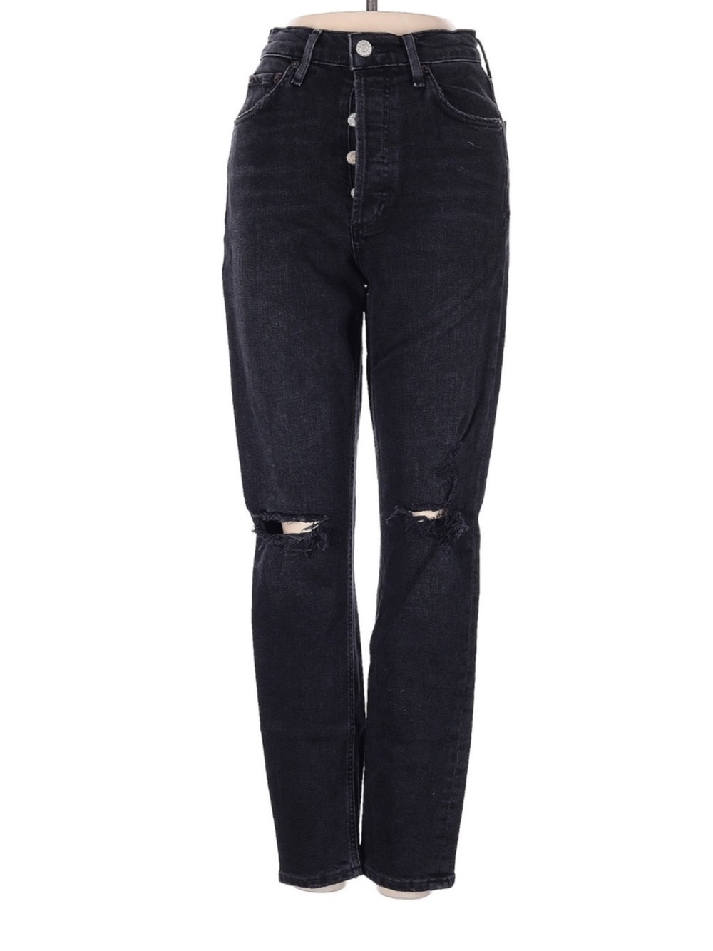 AGOLDE Nico High Rise Slim Jeans Black Distressed Button Fly Denim 24 - Picture 3 of 6
